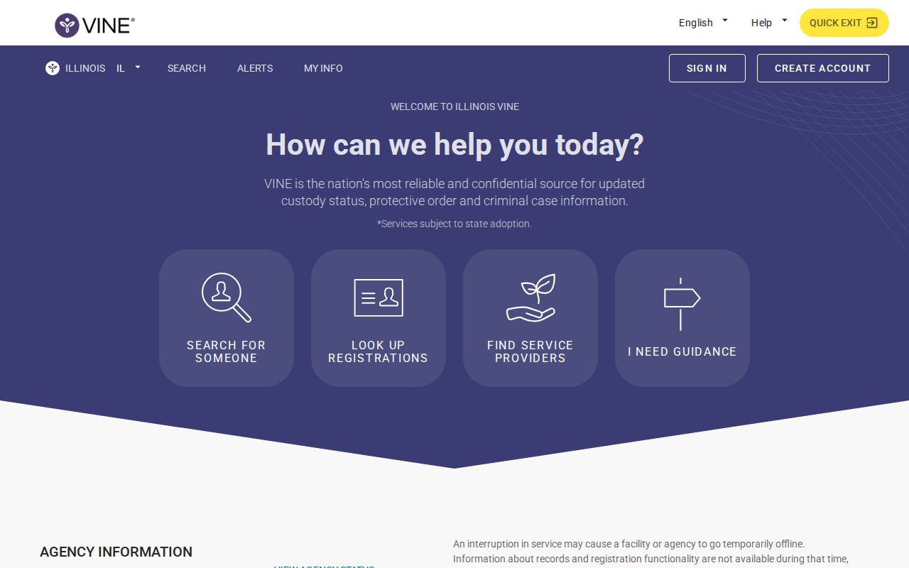 Illinois VINELink state and county custody search interface