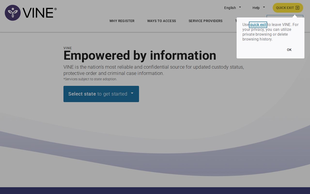 Official VINELink public landing page with custody search options